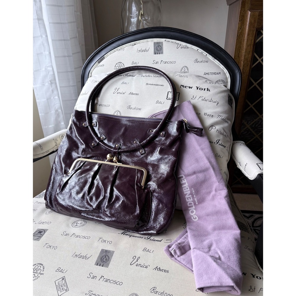 Goldenbleu Plum Patent Leather Kisslock Satchel Designer Purse w/dust bag Italy